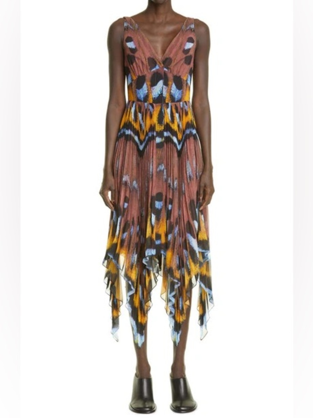 NEW Altuzarra Bohemian V-Neck Handkerchief Hem Butterfly Print Asymmetric Pleat